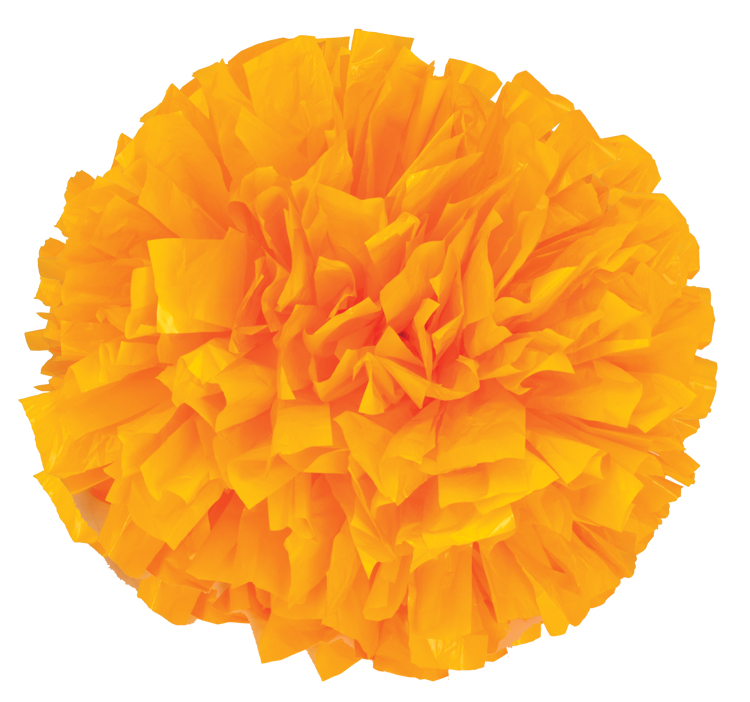 Superwide plastic orange pom pom used for cheerleading and dance team performances.