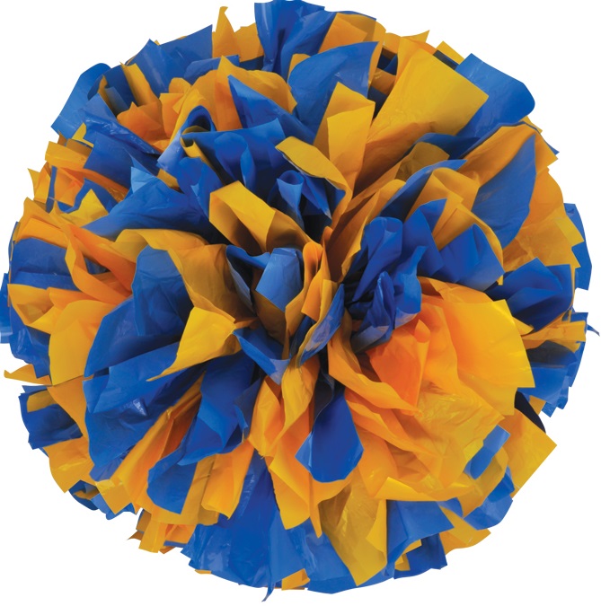 Superwide bright gold and royal blue plastic pom ,pom for cheerleading and dance team performances.